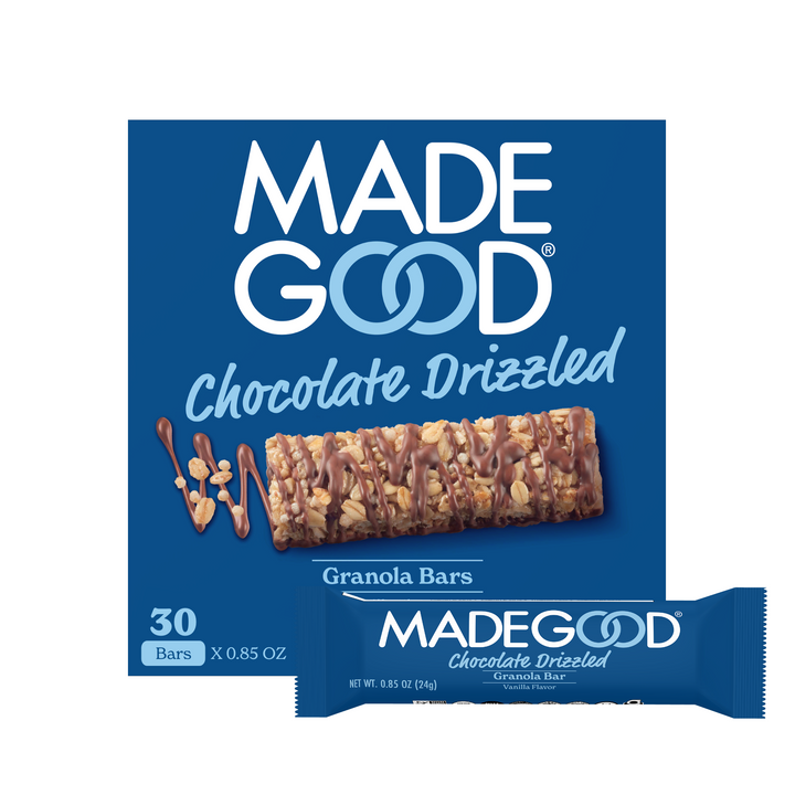 30 count of MadeGood chocolate drizzled vanilla granola bar