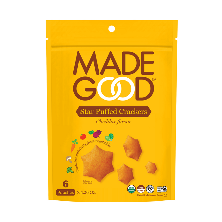 6 pouches of MadeGood star puffed crackers cheddar flavor