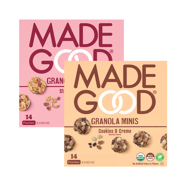28 pouches of MadeGood granola minis: 14 units of each flavor strawberry and cookies & creme