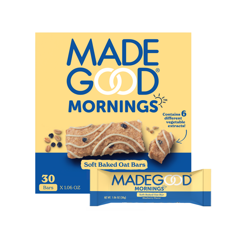 30 count of MadeGood mornings soft baked oat bars in Blueberry flavor