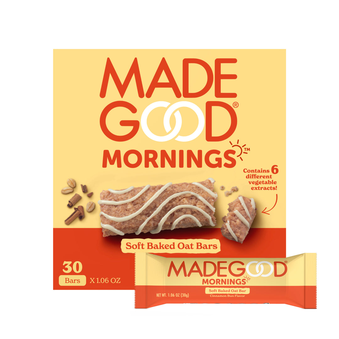30 count of MadeGood mornings soft baked oat bars in cinnamon bun flavor