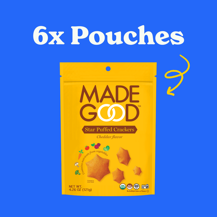 6 units of 4.26oz pouches of MadeGood star puffed crackers in cheddar flavor
