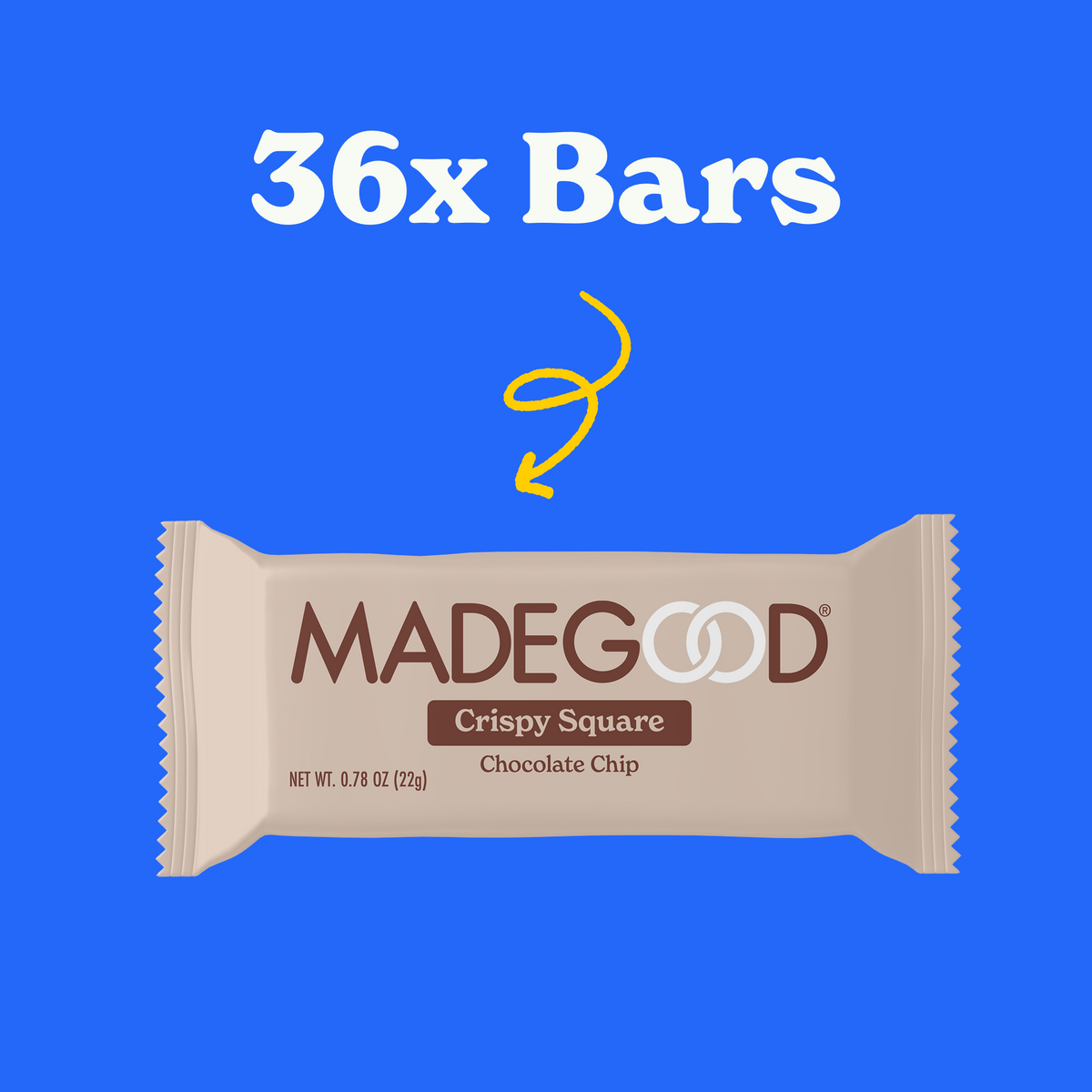 36 count of MadeGood chocolate chip crispy squares