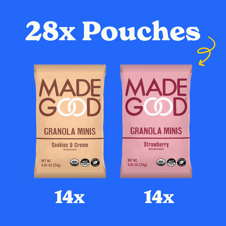 28 pouches of MadeGood granola minis: 14 units of each flavor strawberry and cookies & creme