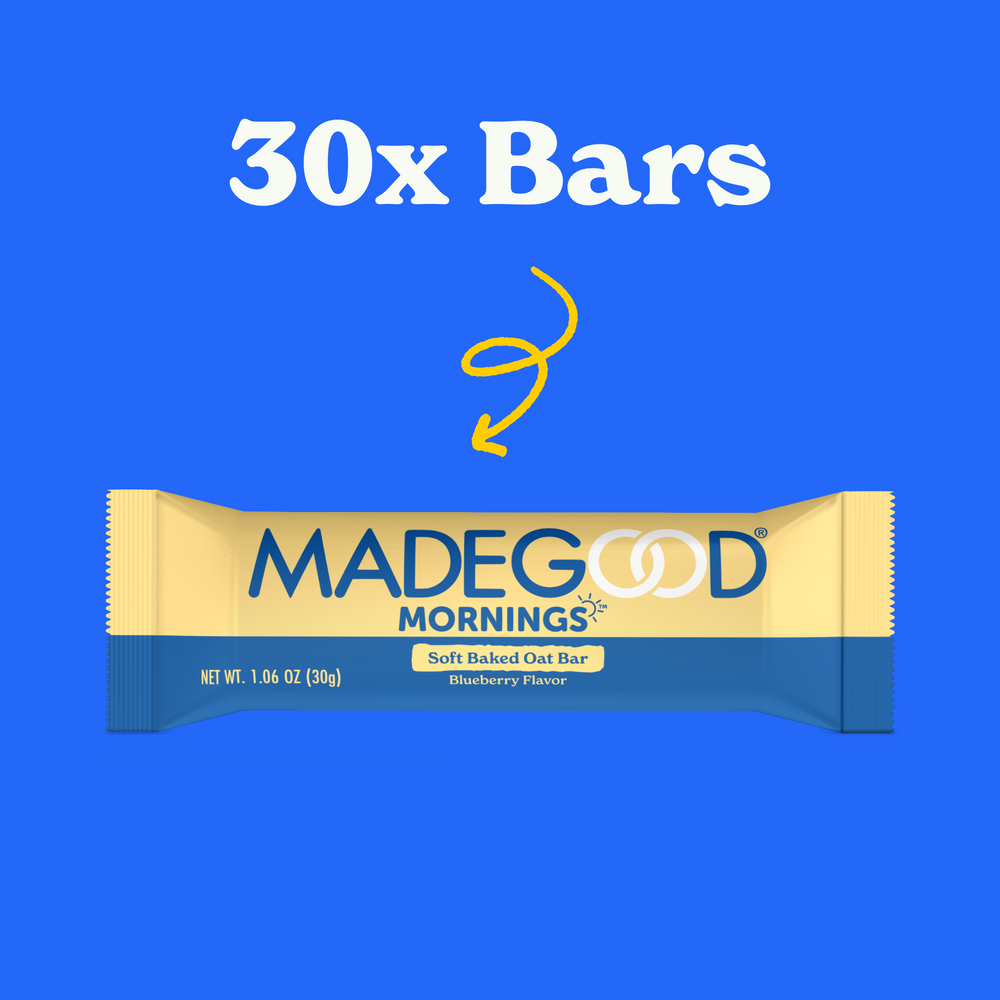 30 count of MadeGood mornings soft baked oat bars in Blueberry flavor