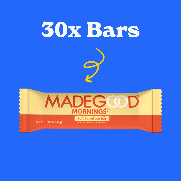 30 count of MadeGood mornings soft baked oat bars in cinnamon bun flavor