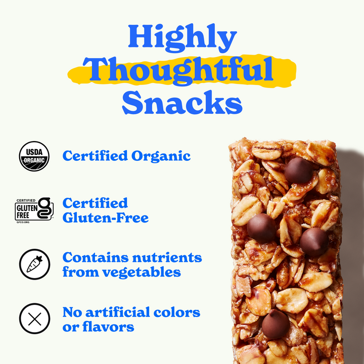Highly thoughtful snacks: certified organic, certified gluten-free, contains nutrients from vegetables, no artificial colors or flavors