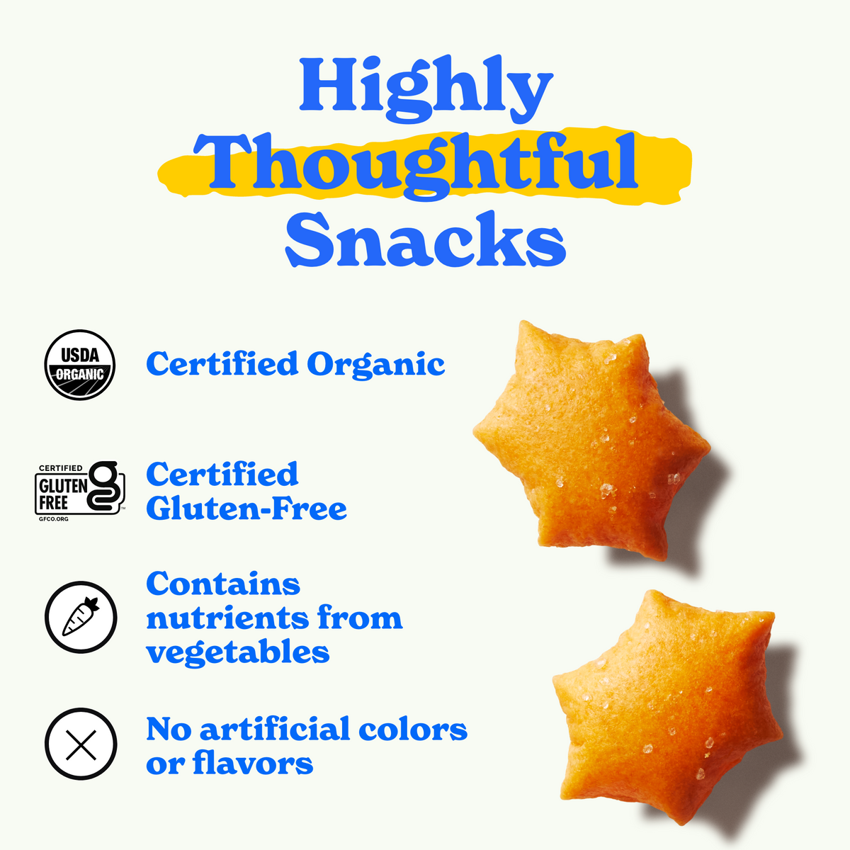 MadeGood Highly Thoughtful Snacks. Features two cheddar-flavored star-shaped crackers with visible salt crystals. Text highlights key product attributes: Certified Organic, Certified Gluten-Free, contains nutrients from vegetables, and no artificial colours or flavours. Includes certification logos for organic, gluten-free, and vegan.