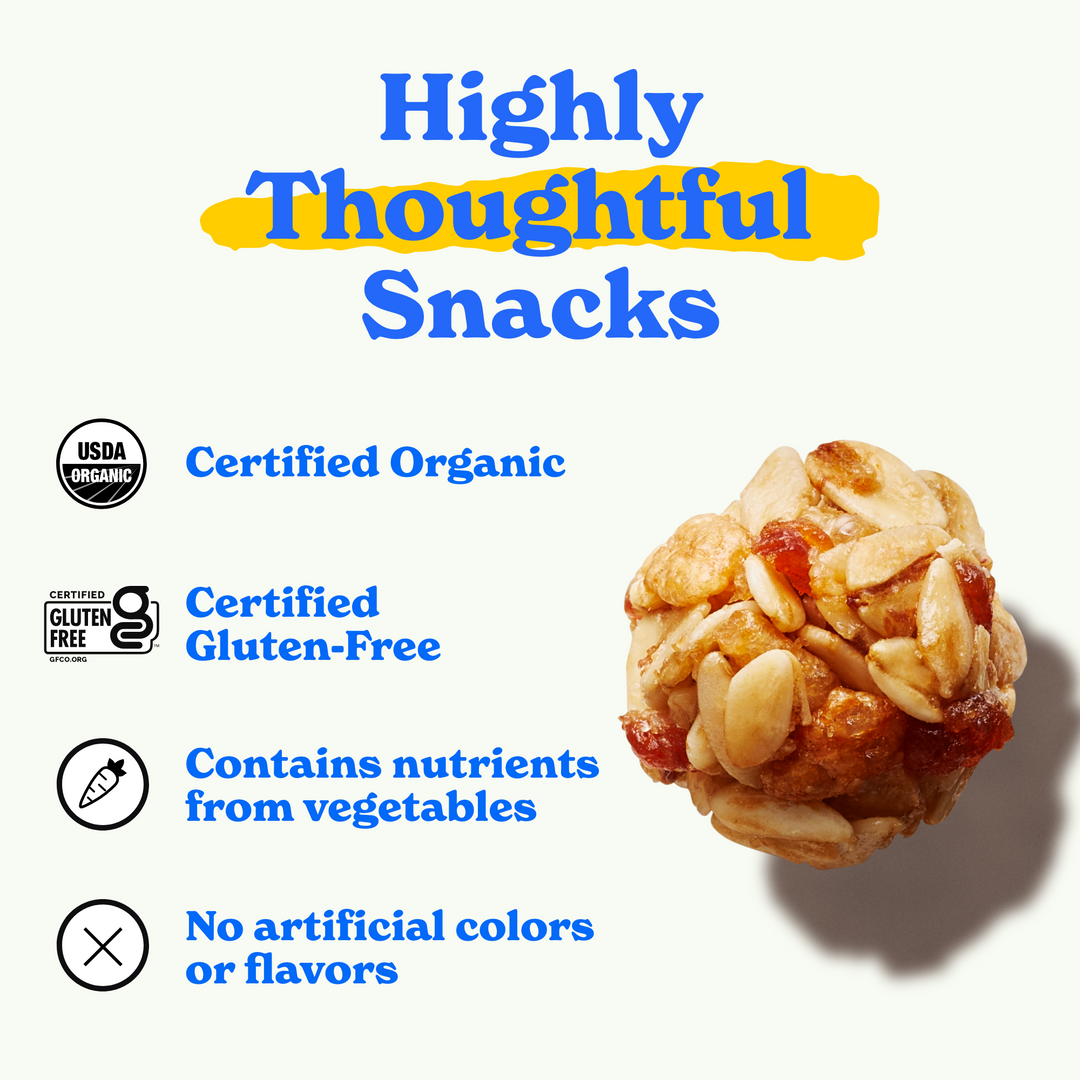 Highly thoughtful snacks: certified organic, certified gluten-free, contains nutrients from vegetables, no artificial colors or flavors