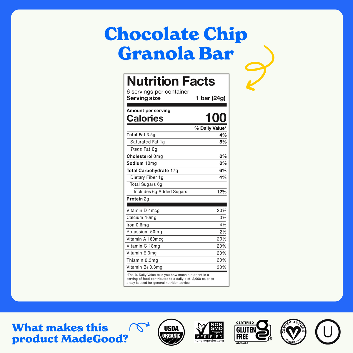 Nutrition facts label for MadeGood Chocolate Chip Granola Bar. The serving size is 1 bar (24g) with 100 calories per serving. It contains 3.5g of total fat, 17g of carbohydrates, 6g of sugars (6g added), 2g of protein, and essential vitamins like Vitamin D, A, C, E, and Thiamin. The product is USDA Organic, Non-GMO Project Verified, Certified Gluten-Free, Certified Vegan, and Kosher.