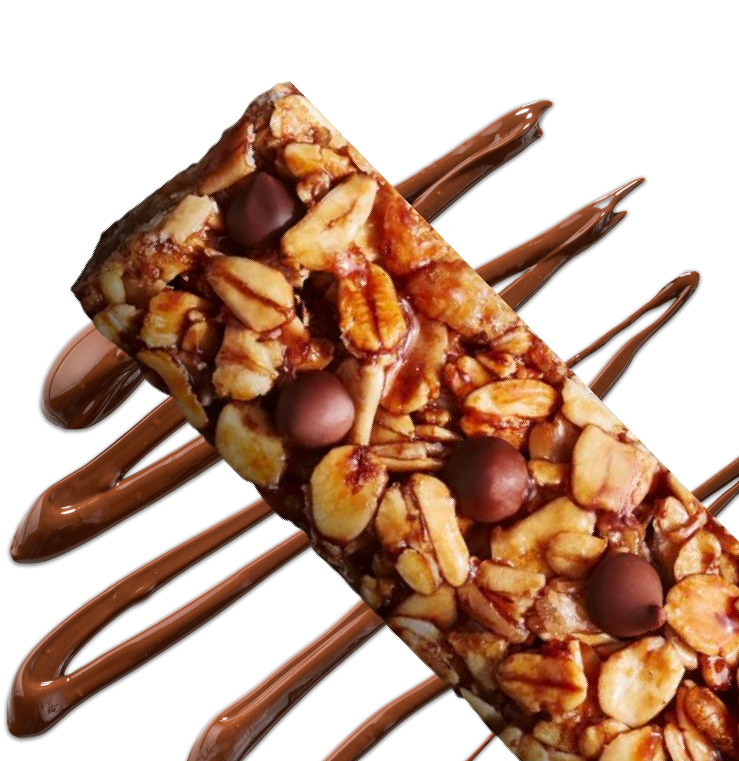 chocolate chip granola bar with a chocolate drizzle background
