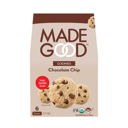 A box of MadeGood chocolate chip cookies