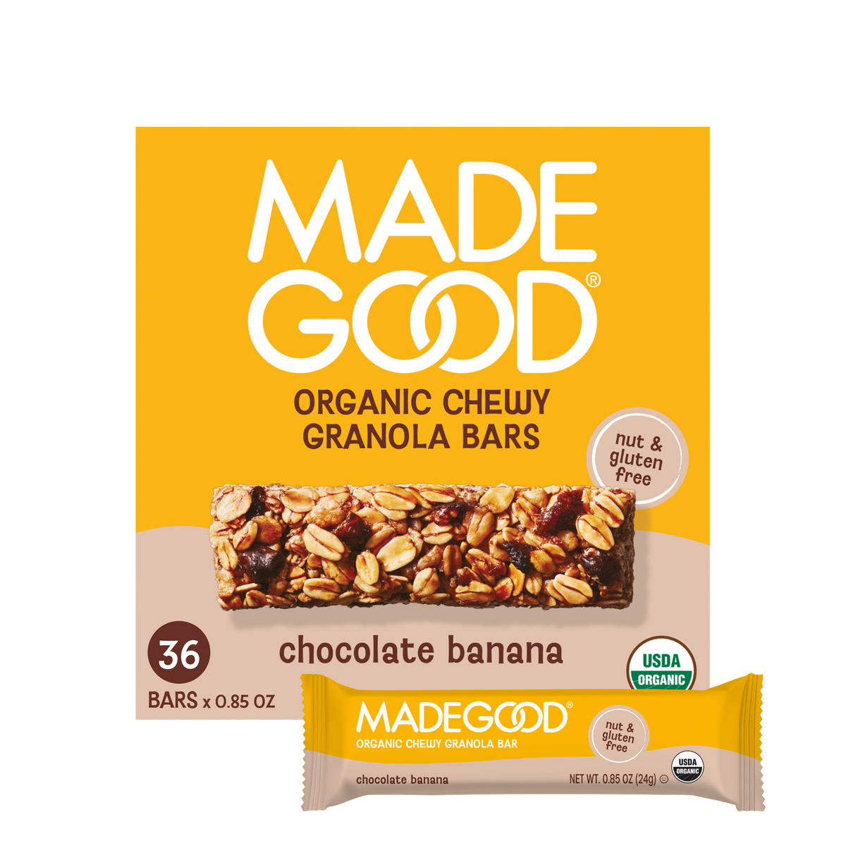 36 units of MadeGood chocolate banana granola bars