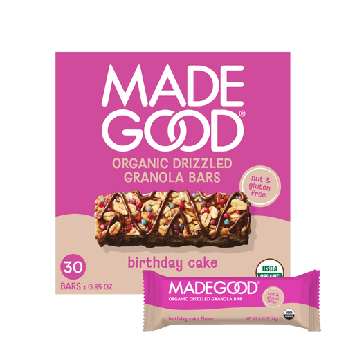 30 bars of MadeGood chocolate drizzled birthday cake granola bar