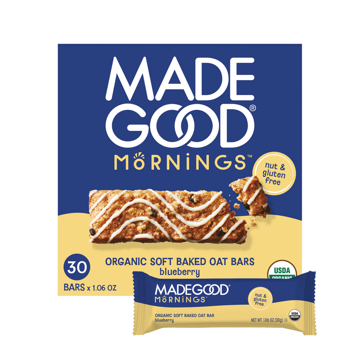 MadeGood mornings soft baked oat bars in Blueberry flavor (30 count)