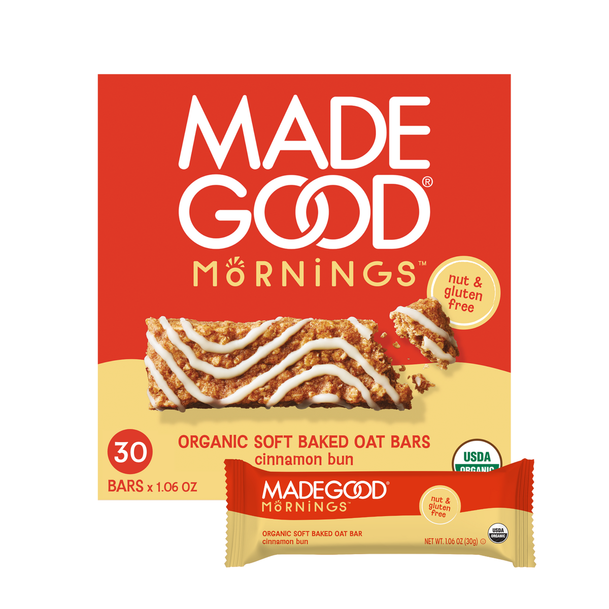 30 count of MadeGood mornings soft baked oat bars in cinnamon bun flavor