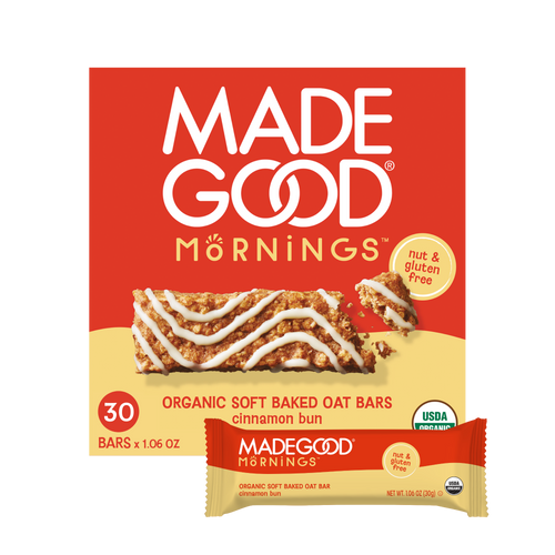 30 count of MadeGood mornings soft baked oat bars in cinnamon bun flavor