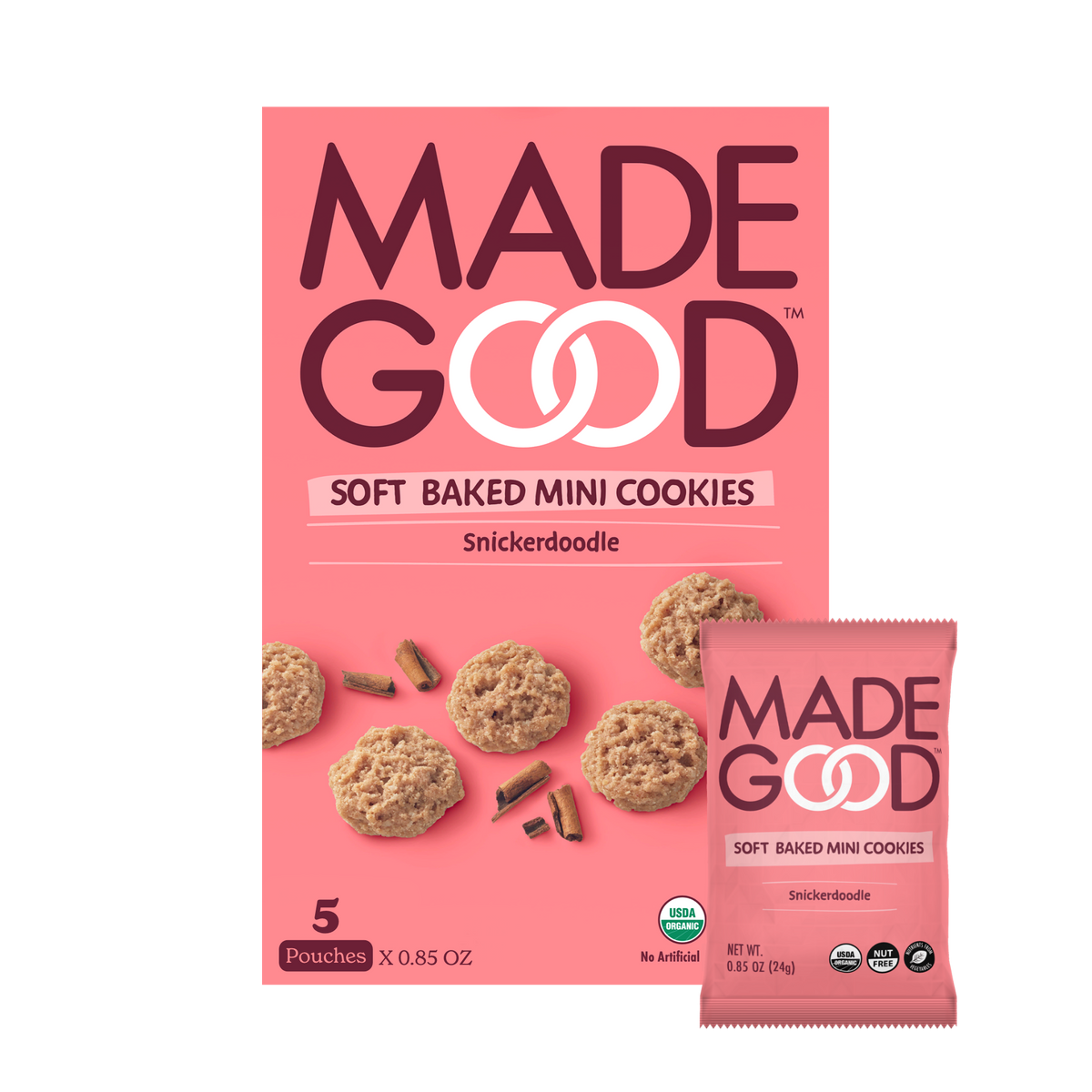 A box of MadeGood soft baked mini cookies in Snickerdoodle flavor