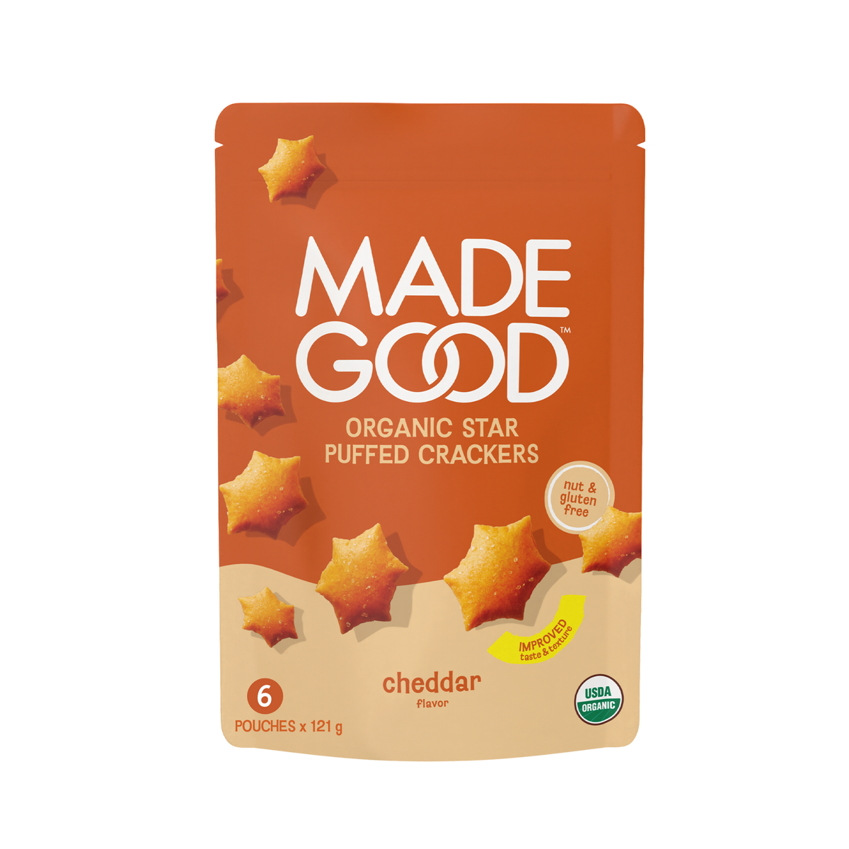 6 pouches of MadeGood star puffed crackers cheddar flavor