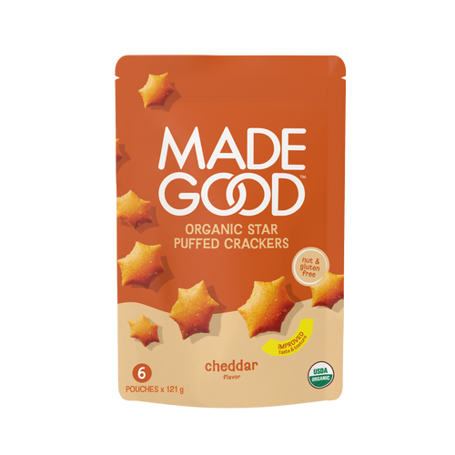 6 pouches of MadeGood star puffed crackers cheddar flavor