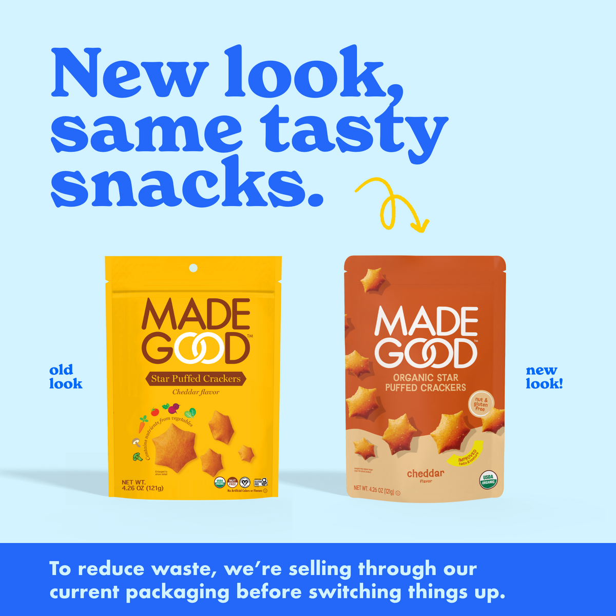 Two 'Made Good' snack packages, one old look and one new look, on a blue background. Cheddar flavored.