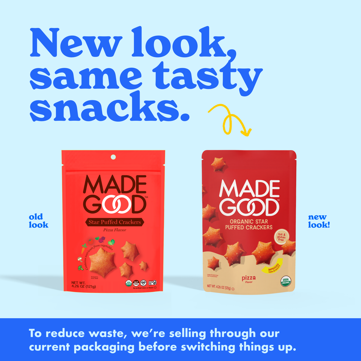 Red package of Made Good organic star puffed crackers on a blue background with text indicating 6x pouches in a new look - Pizza flavored