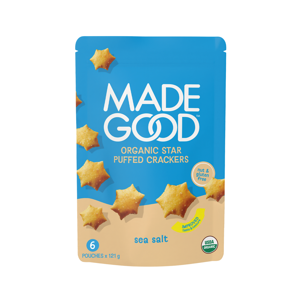 A pouch of MadeGood Star Puffed Crackers in Sea Salt flavor