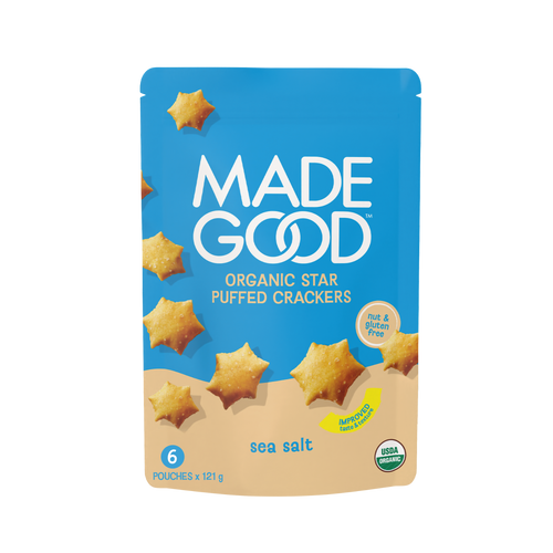 A pouch of MadeGood Star Puffed Crackers in Sea Salt flavor