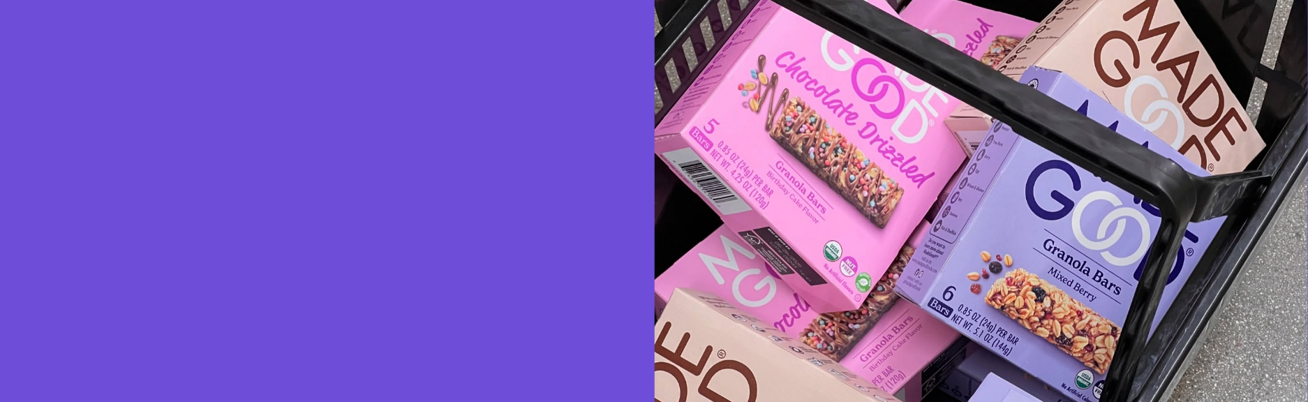 A variety of MadeGood boxed products are placed in a black shopping cart. A variety of MadeGood boxed products are placed in a black shopping cart.