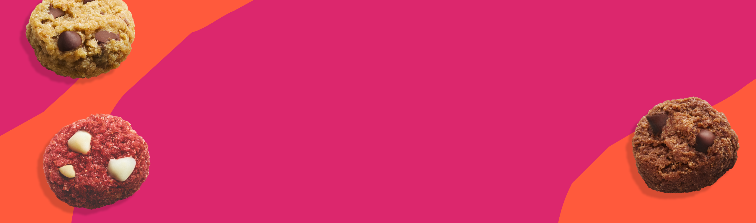 Three MadeGood Soft Baked cookies (in chocolate chip, double chocolate and red velvet flavors) floating on an abstract pink and orange background. Three MadeGood Soft Baked cookies (in chocolate chip, double chocolate and red velvet flavors) floating on an abstract pink and orange background.