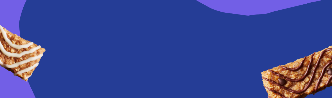 Two MadeGood Morning Bars (in Cinnamon Bun and Chocolate Chip flavors) on an abstract blue background. Two MadeGood Morning Bars (in Cinnamon Bun and Chocolate Chip flavors) on an abstract blue background.