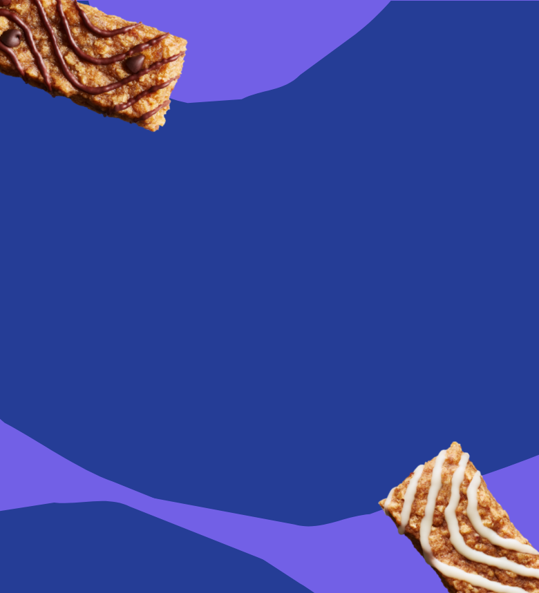 Two MadeGood Morning Bars (in Cinnamon Bun and Chocolate Chip flavors) on an abstract blue background. Two MadeGood Morning Bars (in Cinnamon Bun and Chocolate Chip flavors) on an abstract blue background.