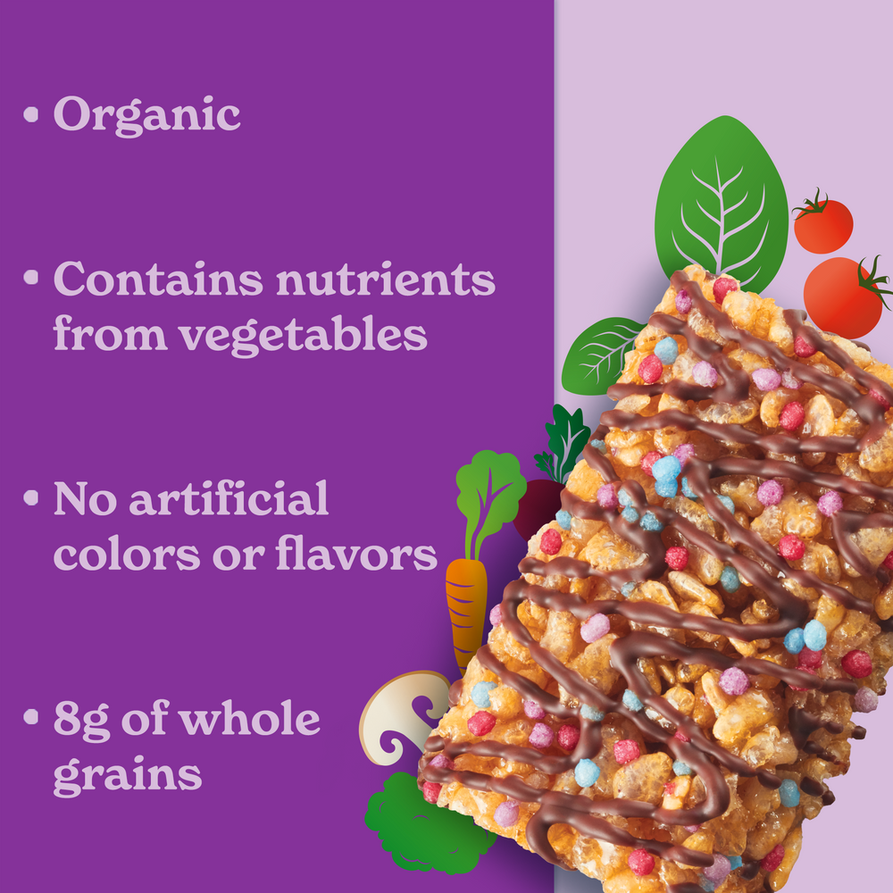 Organic, contains nutrients from vegetables, no artificial colors or flavors, 8g of whole grains