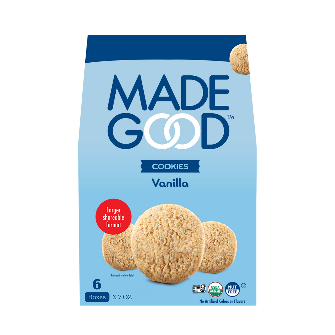 A box of MadeGood Vanilla cookies