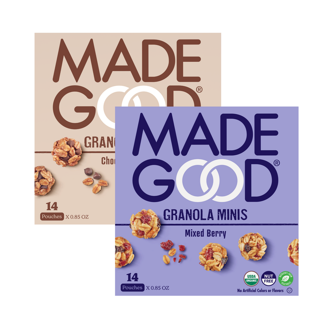 24 pouches of MadeGood granola minis with 14 in each flavor: Mixed berry and chocolate chip