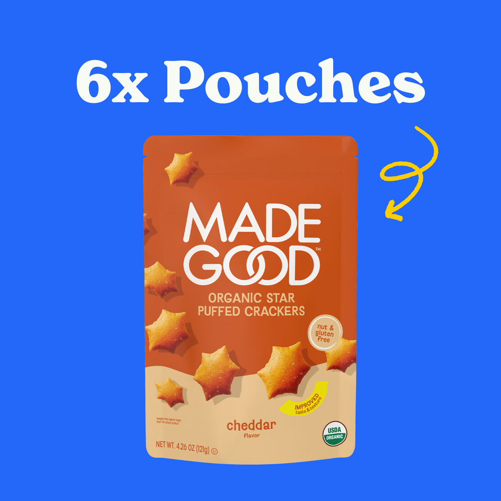 6 units of 4.26oz pouches of MadeGood star puffed crackers in cheddar flavor