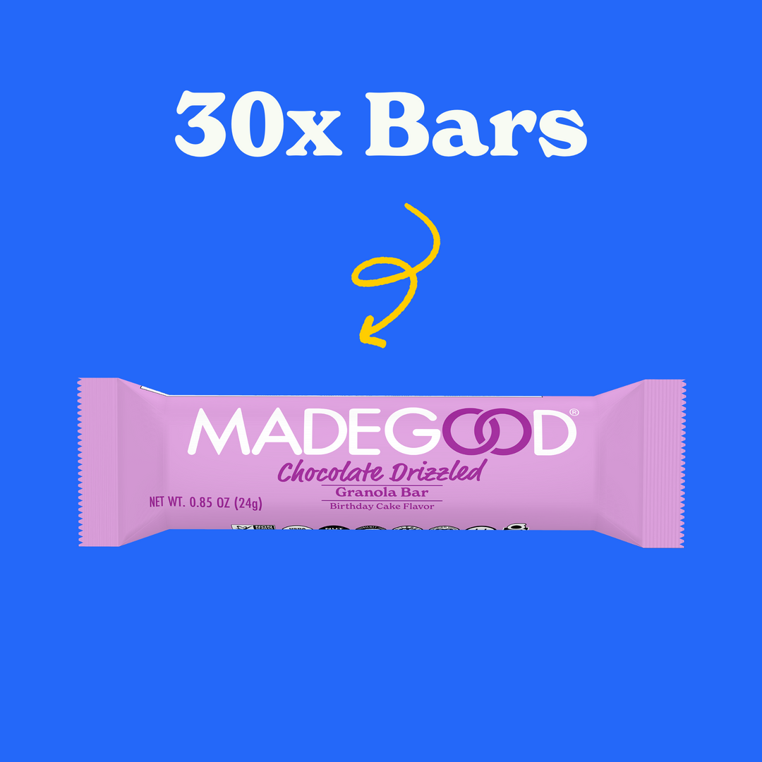 30 bars of MadeGood chocolate drizzled birthday cake granola bar