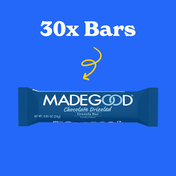 30 count of MadeGood chocolate drizzled vanilla granola bar