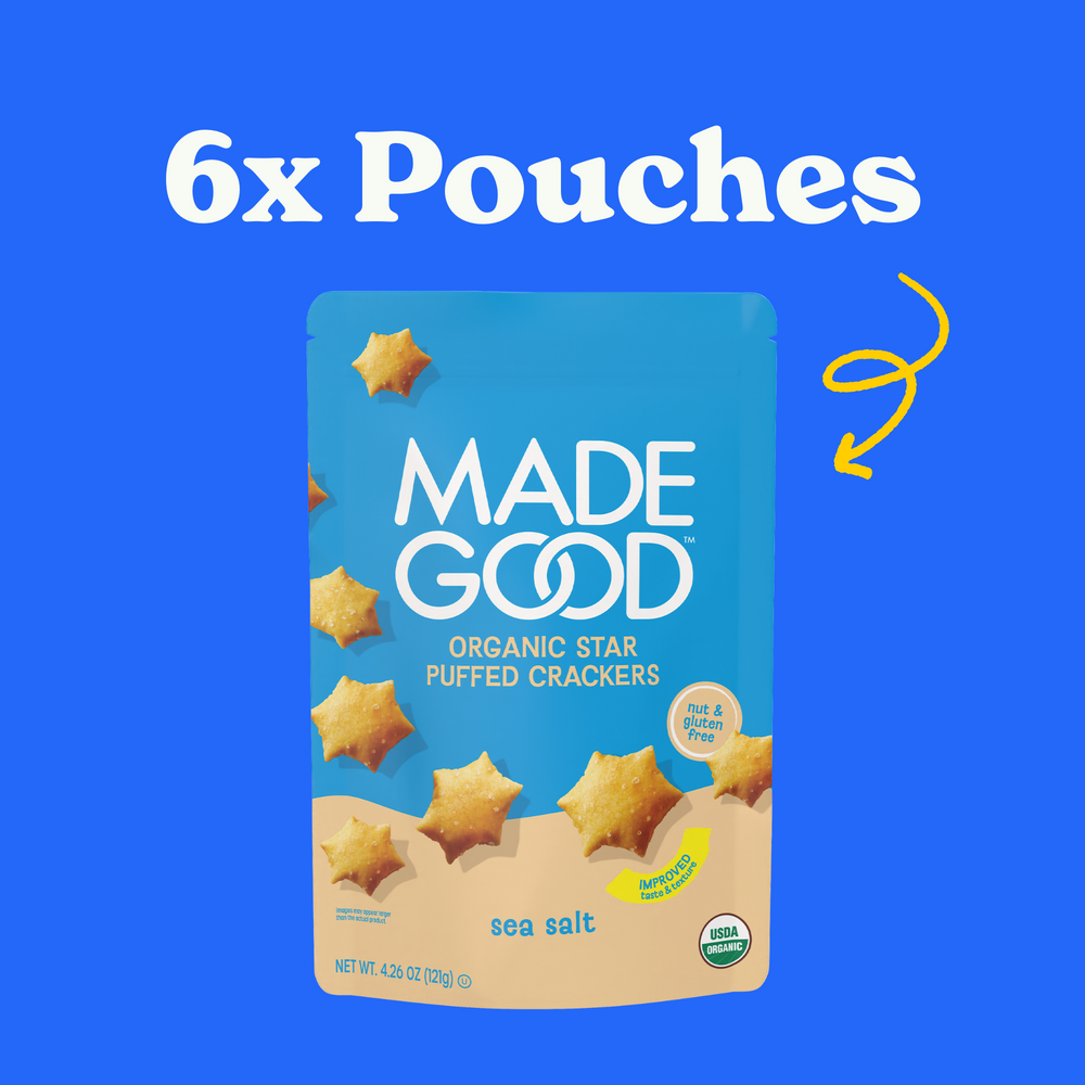 6x Pouches of MadeGood star puffed crackers in sea salt