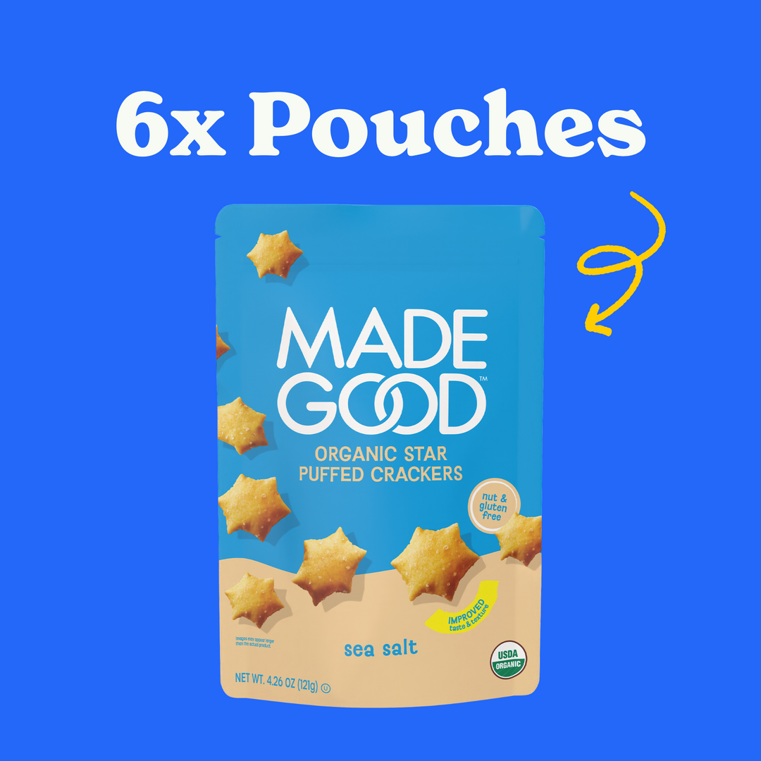 6x Pouches of MadeGood star puffed crackers in sea salt