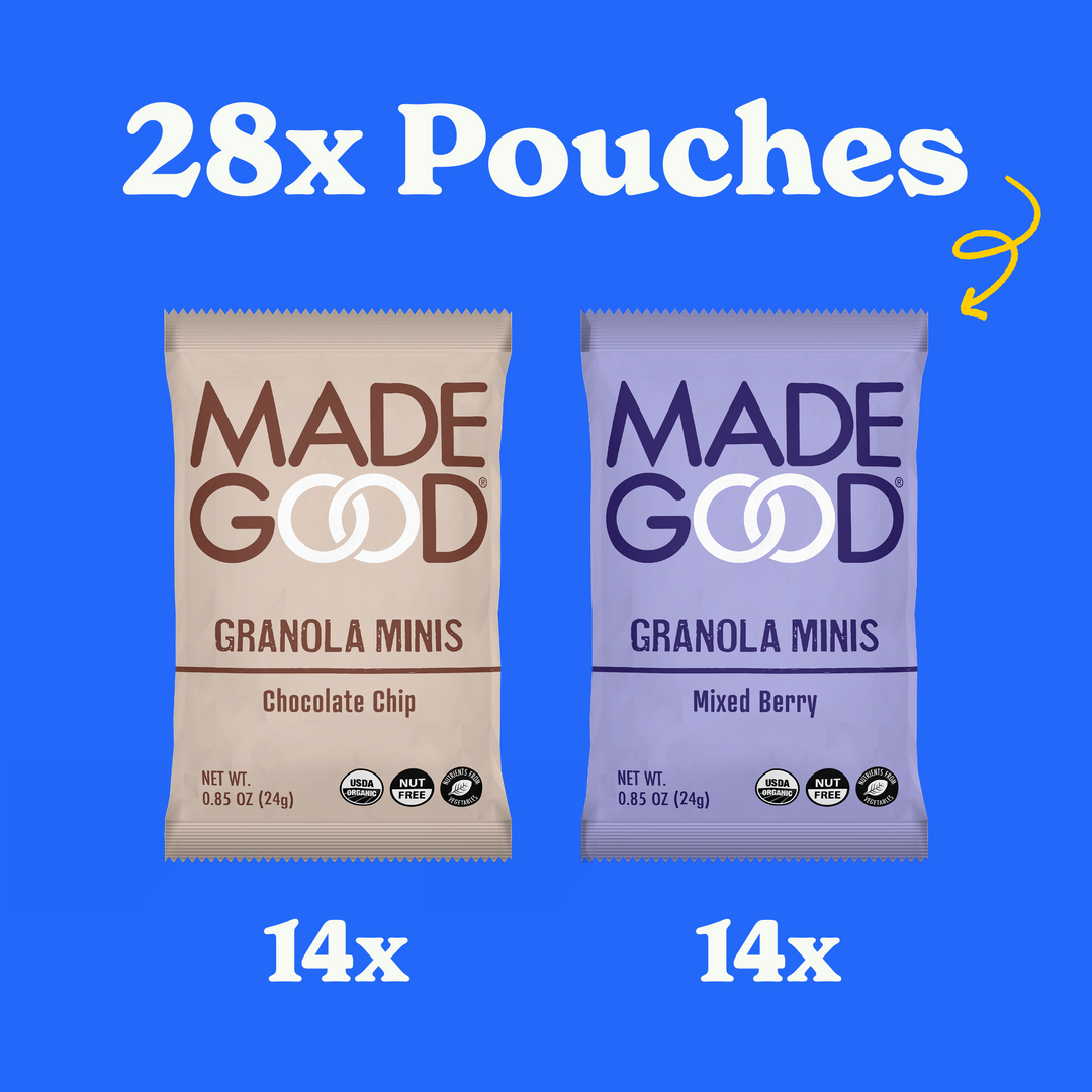 24 pouches of MadeGood granola minis with 14 in each flavor: Mixed berry and chocolate chip
