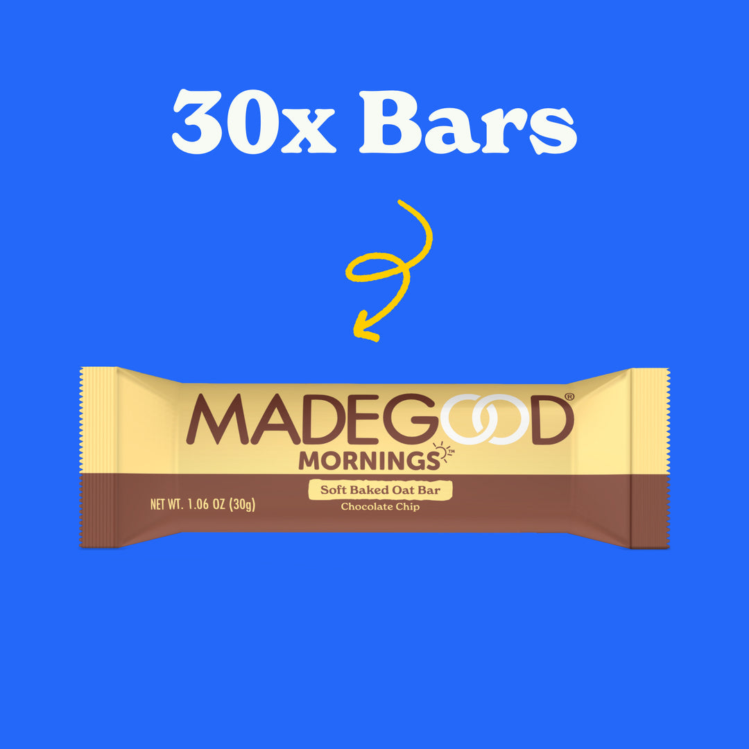 30 count of MadeGood mornings soft baked oat bar in chocolate chip flavor