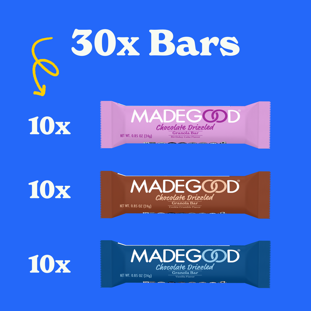30 bars of MadeGood chocolate drizzled granola bars. 10 in each flavor: birthday cake, vanilla and cookie crumble