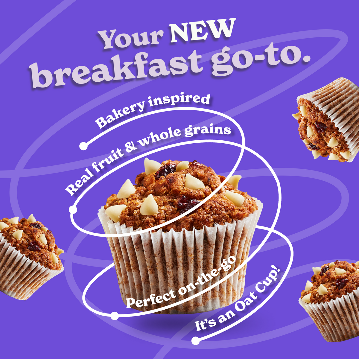 Muffin with white chocolate chips on a purple background. Text highlights features: "Bakery inspired," "Real fruit & whole grains," "Perfect on-the-go." Energetic tone.