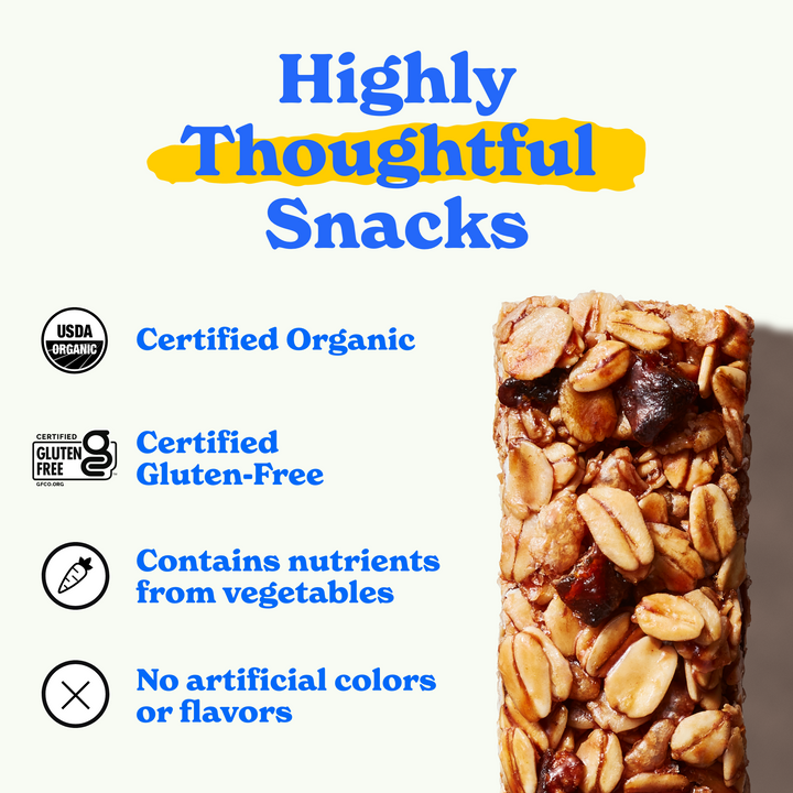 Highly thoughtful snacks: certified organic, certified gluten-free, contains nutrients from vegetables, no artificial colors or flavors