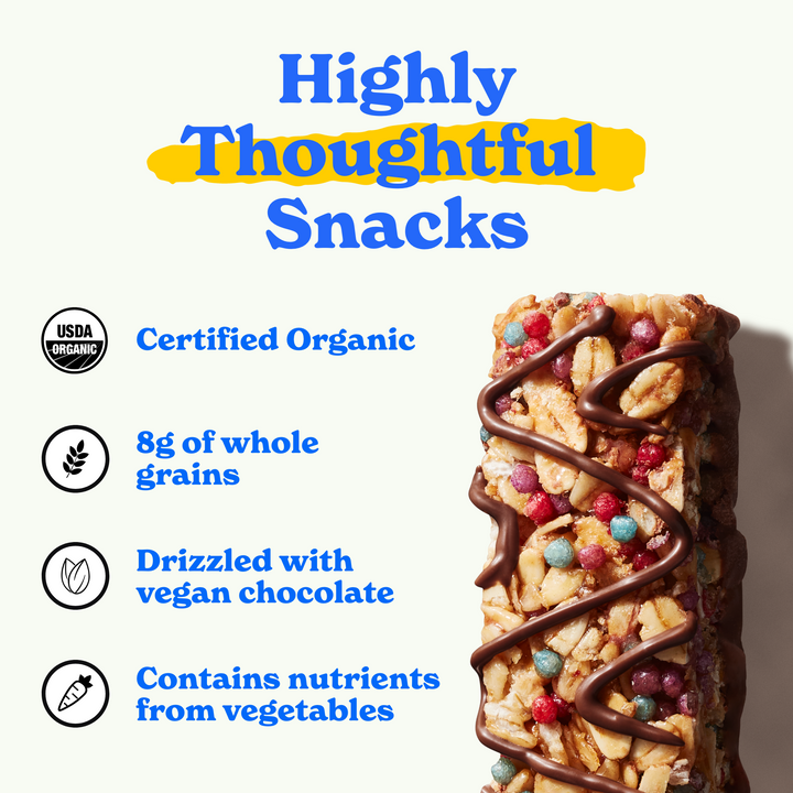 Highly thoughtful snacks: certified organic, 8g of whole grains, drizzled with vegan chocolate, contains nutrients from vegetables