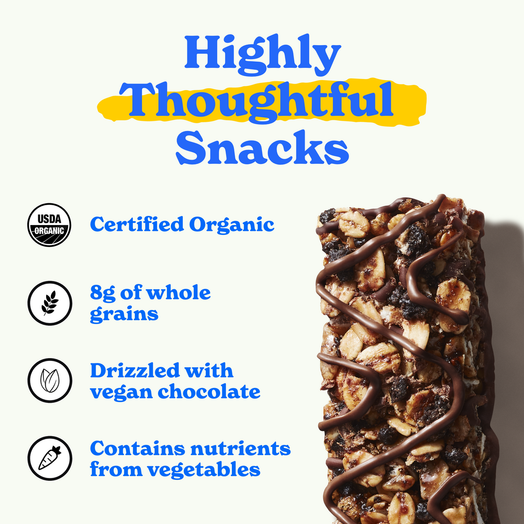 Highly thoughtful snacks: certified organic, 8g of whole grains, drizzled with vegan chocolate, contains nutrients from vegetables