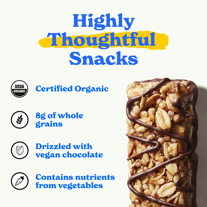 Highly thoughtful snacks: certified organic, 8g of whole grains, drizzled with vegan chocolate, contains nutrients from vegetables