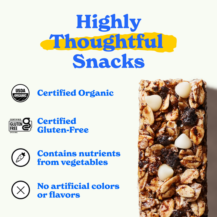 Highly thoughtful snacks: certified organic, certified gluten-free, contains nutrients from vegetables, no artificial colors or flavors