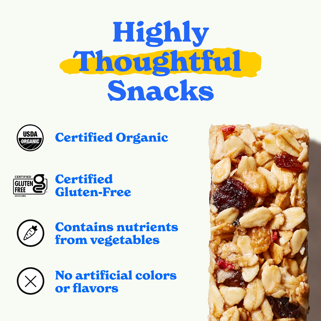 Highly thoughtful snacks: certified organic, certified gluten-free, contains nutrients from vegetables, no artificial colors or flavors